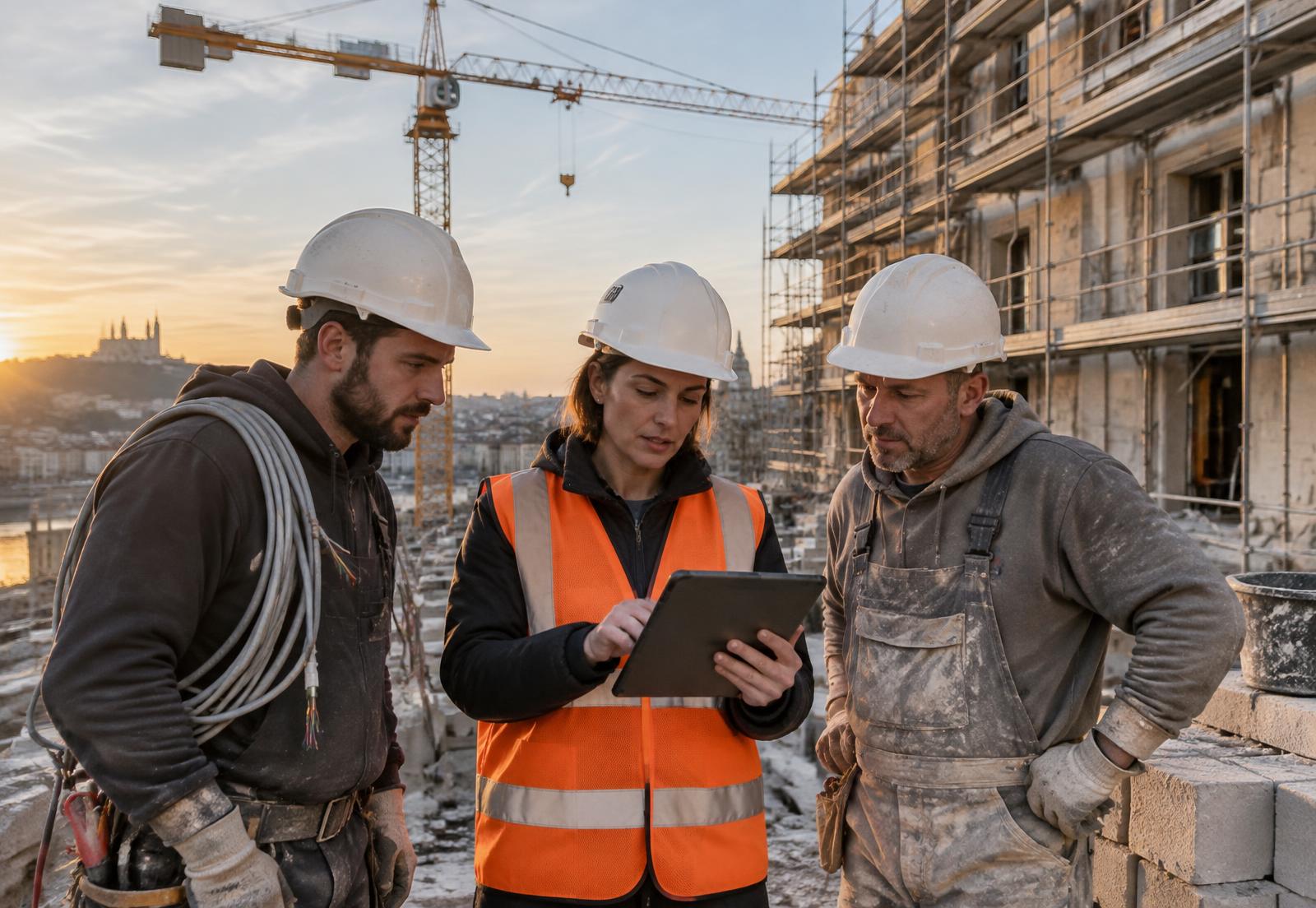 Conducteur de travaux et sous-traitants consultant le planning sur tablette, sur un chantier lyonnais